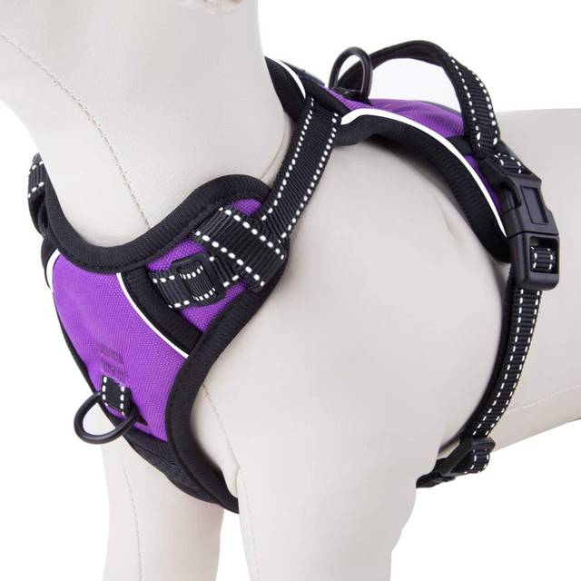 PHOEPET Reflective Dog Harness No Pull Large Breed Vest with 2 Metal Leash Attachment Hooks(L  Purple)