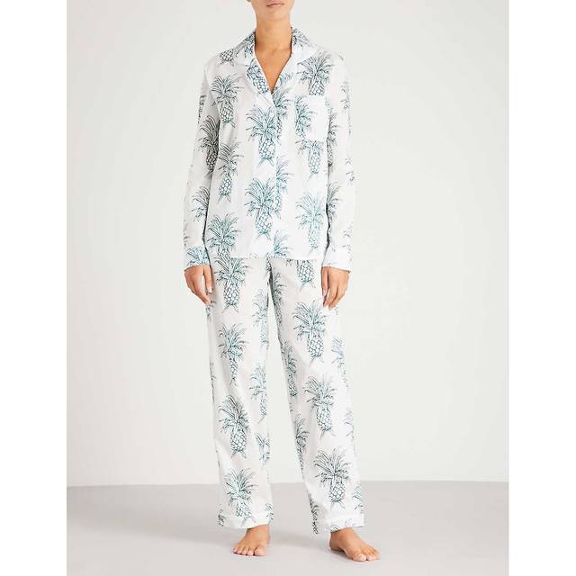 Desmond and Dempsey Womens White Green Howie Cotton-voile Pyjama Set M - WHITE GREEN