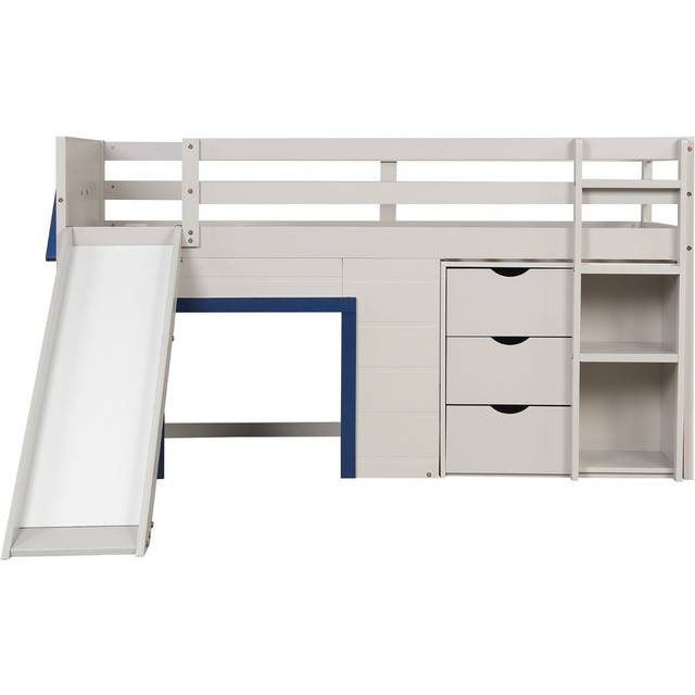 Single Size Pine Wood Loft Bed with Slide and Ladder and Game House-Blue