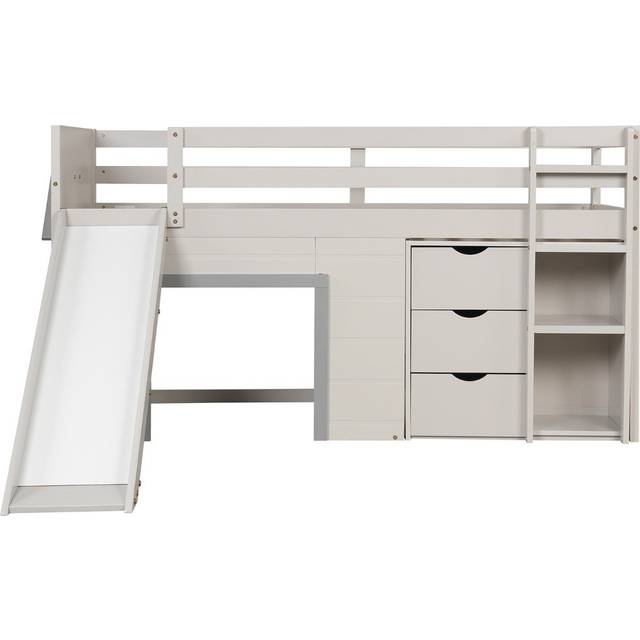 Single Size Pine Wood Loft Bed with Slide and Ladder and Game House-Grey