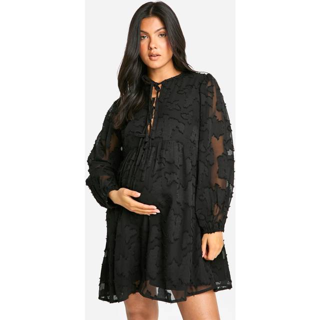Womens Maternity Tie Front Burn Out Long Sleeve Smock Dress - Black - 12