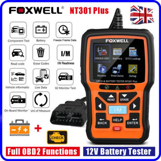 Foxwell nt301 plus 12v battery tester car code reader obd2 scanner check engine