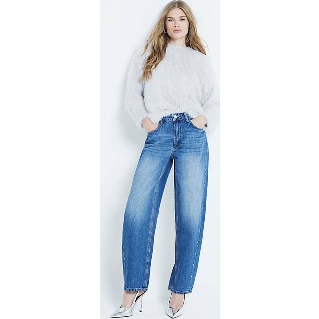 River Island Womens Blue Denim Studded Barrel Jeans - 14L