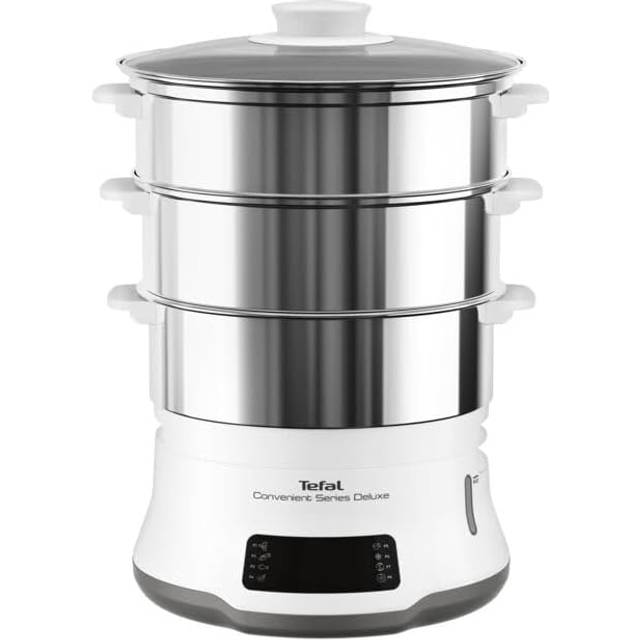 Tefal VC502D Convenient Series Deluxe Ångkokare, enkel pekskärm, 8 program, tillagning i 3 nivåer, behållare i rostfritt stål, hållbar kvalitet, hälsosam tillagning, rostfritt stål/vit
