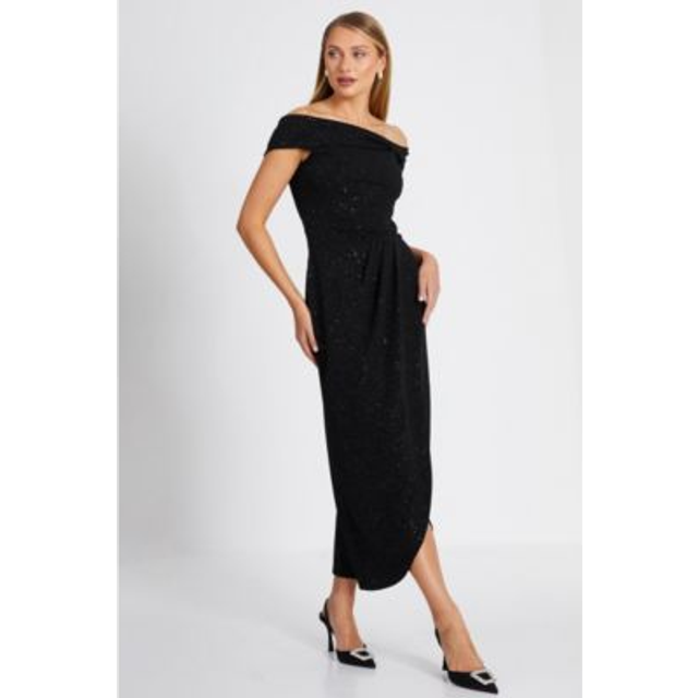 Black Glitter Bardot Midi Dress