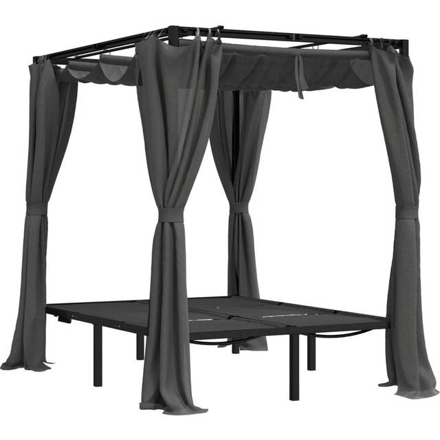 Double Outdoor Sun Lounger With Curtains - Stylish Anthracite Finish - Black (204cm H X 153cm W X 207cm L)
