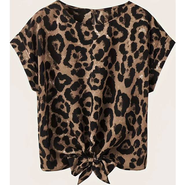 TEMU Leopard Print Tie Front Blouse, Casual Crew Neck Blouse For , Women's Clothing