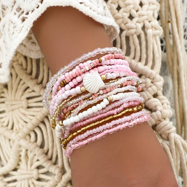 TEMU 17 Pieces/set Bohemian Beaded Match Elastic Handmade Bracelet Stack, Elegant & Cute Stretch Wristbands For Women