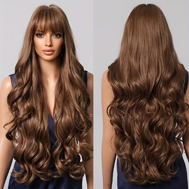 TEMU Chic Brown Long Curly Wig For Women - Matte , High-density Synthetic Hair With Cap