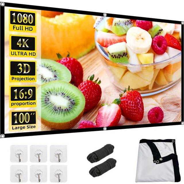 TEMU Weijieming Portable 16:9 Hd Projection Screen - Foldable, Wrinkle-free Cloth For Indoor/outdoor Use, Dual-sided Viewing, Ideal For Home Theater, Parties, Office & Classroom, , Support
