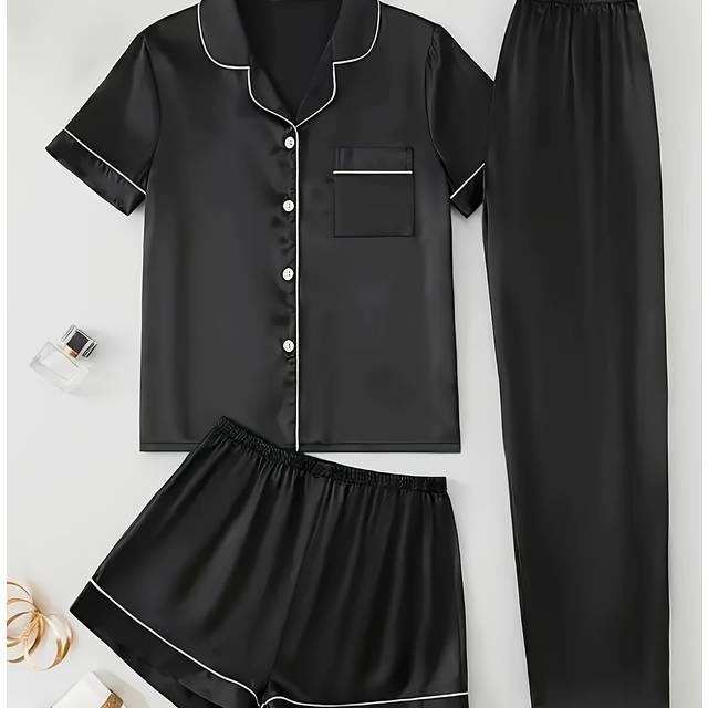 TEMU New Summer Women's Pajama Set With Short Sleeves, Shorts And Long Pants, -piece Combination Women's Set