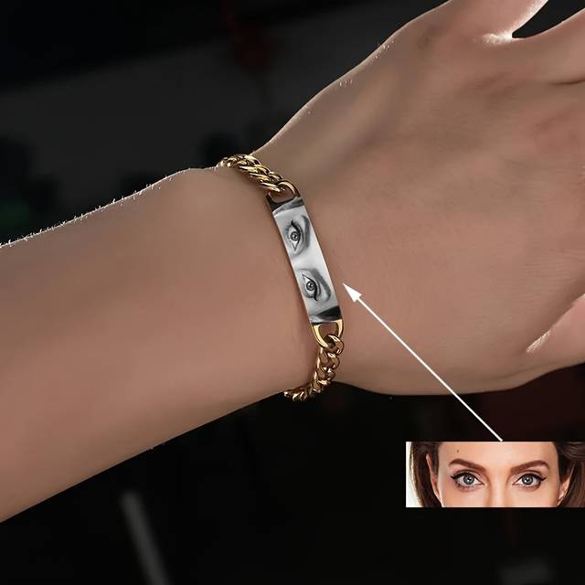 TEMU Personalized Stainless Steel Laser Engraved Photo Bracelet - Custom Name & Date, Hip-hop Minimalist Style Jewelry For , Christmas Gift, Casual Attire