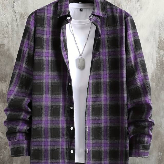 TEMU Men's Red And Black Long Sleeve Button-up Shirt - Style, Non-stretch Fabric, Spring/fall