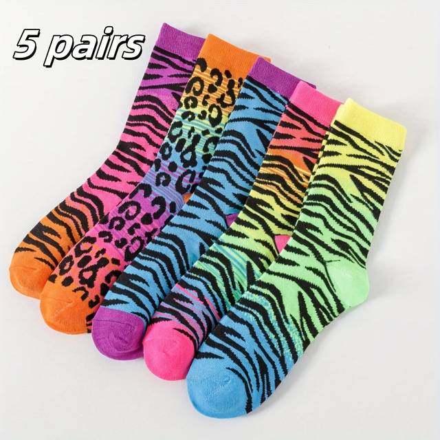 TEMU Women's Leopard Print Calf Socks 5-pack - 97% Polyester 3% Spandex, Knit Fabric, Hand Washable - Vibrant Fashion Mid-tube Socks For Women