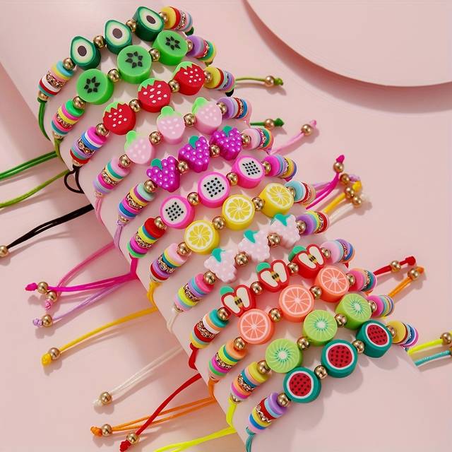 TEMU 12pcs Summer Fruit Soft Clay Adjustable Woven Bracelet Set