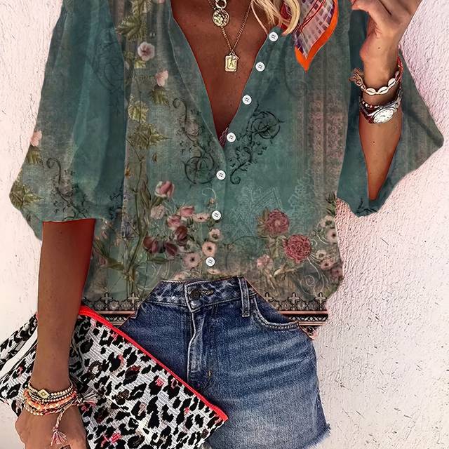 TEMU Women's Vintage Floral Print 3/4 Sleeve Shirt - Casual Round Neck, Button-up Blouse With Hues And Floral Patterns, Casual Attire, Vintage Floral Shirt