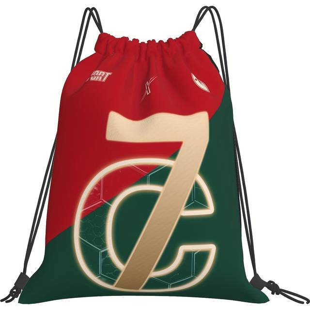 TEMU C7 Soccer Player Inspired Drawstring Backpack - Geometric Pattern, Soft Shell Gym Bag With Utility Pocket, Red & Green, Polyester, Cord Closure, Hand Wash Only