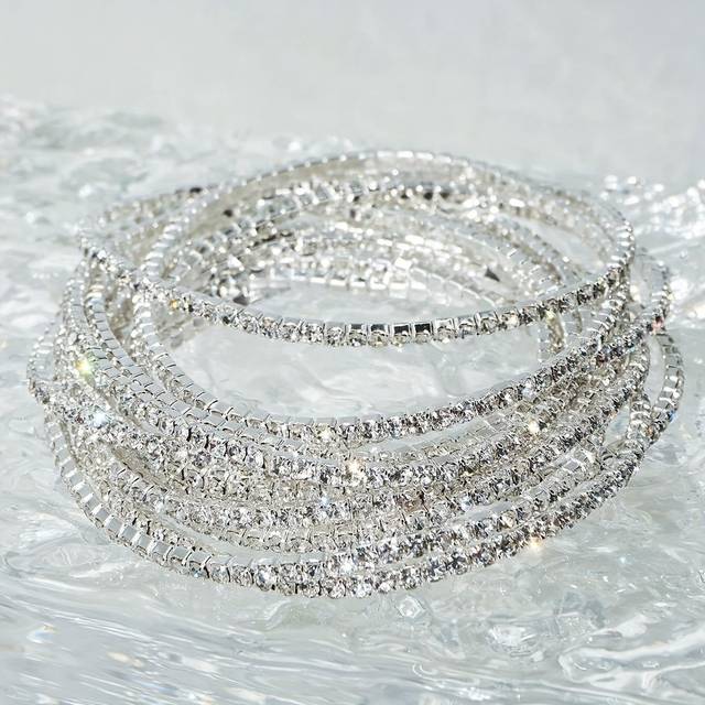 TEMU 10-pack Rhinestone Stretch Bracelets For Women, Silver Plated Copper Bangle Set, Simple Jewelry, For All , Ideal For And Parties, Christmas Gift Suitable