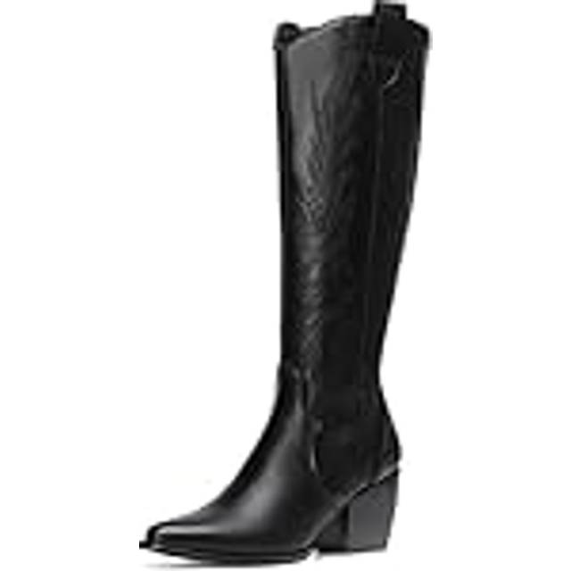 DREAM PAIRS Womens Cowboy Boots Comfortable Pull On Zipper Chunky Heel Pointed Toe Embroidered Western Cowgirl Knee High Boots Girls Ladies Retro Tall