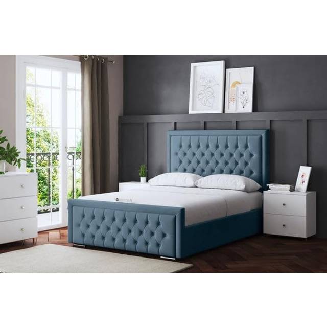 DS Living Allegra Upholstered Divan Bed Metallic Blue with Headboard Double, Blue