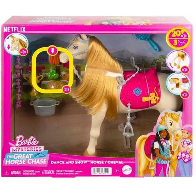 Barbie-leksakshäst med ljud, musik och tillbehör, inspirerad av Barbiemysterier: Den stora hästjakten, hästfilmer, dansar och blinkar med ögonen, HXJ42
