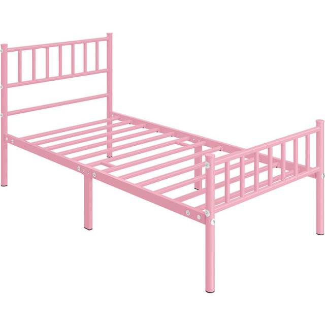 Minimalist Metal Bed Frame with Slatted Headboard - Pink (Single (3&#39;))