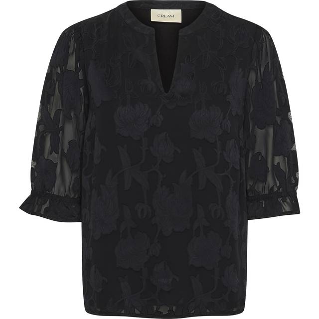 Cream, Blouses, female, Black, S, Black Lace Blouse with Puff Sleeves
