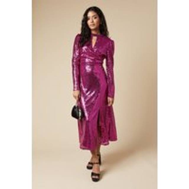 Womens Petite Pink Sequin Keyhole Midi Dress - 10