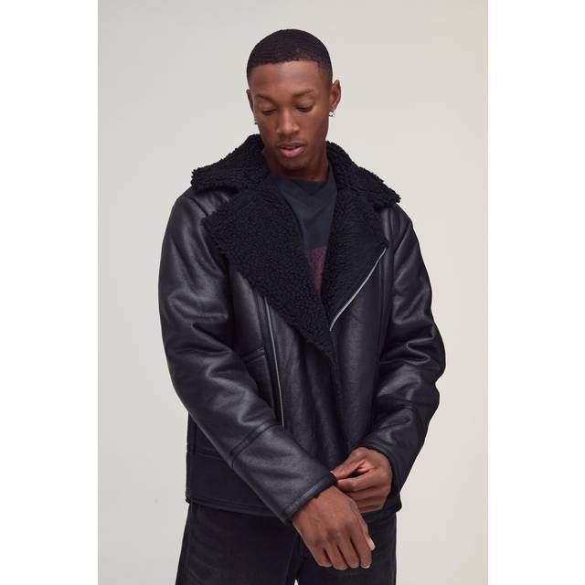 Mens PU Borg Collar Aviator Jacket In Black