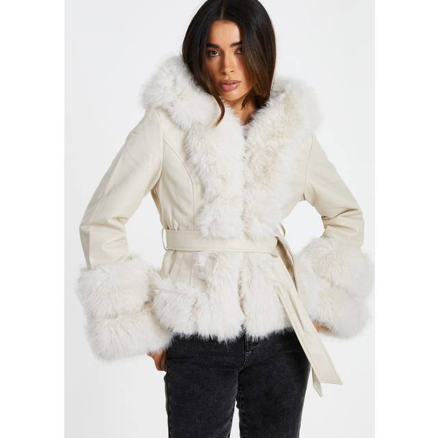 Off White Faux Leather Belted Jacket - M