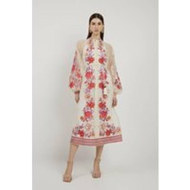 Floral Placed Embroidery Organdie Woven Midi Dress - Pink