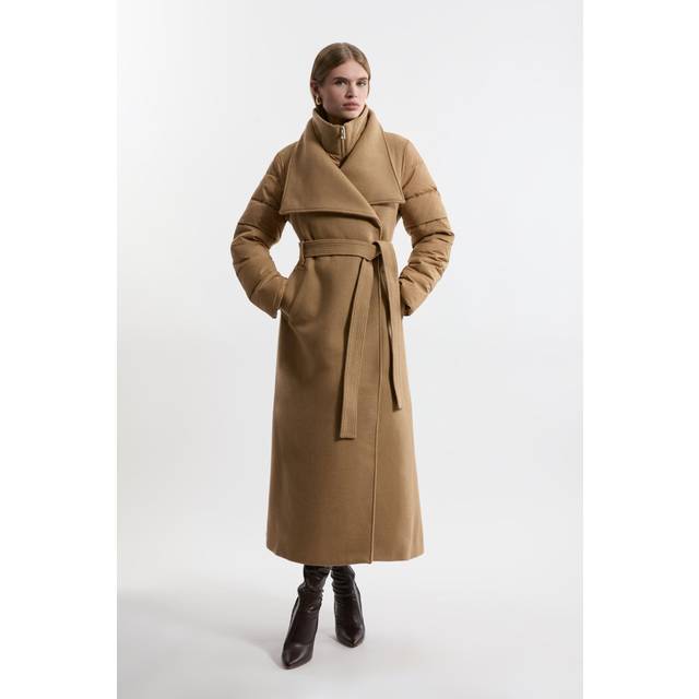 Karen Millen Women's Wool Blend Hybrid Puffer Belted Midi Coat in Camel | Size: 8