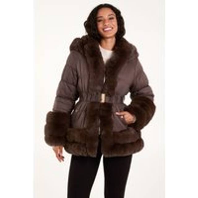 Faux Fur Trim Belted Puffer Coat - 14 / BROWN