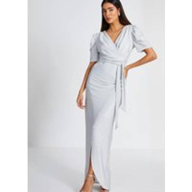 Glitter Wrap Maxi Dress - Silver - Size 12 - Quiz