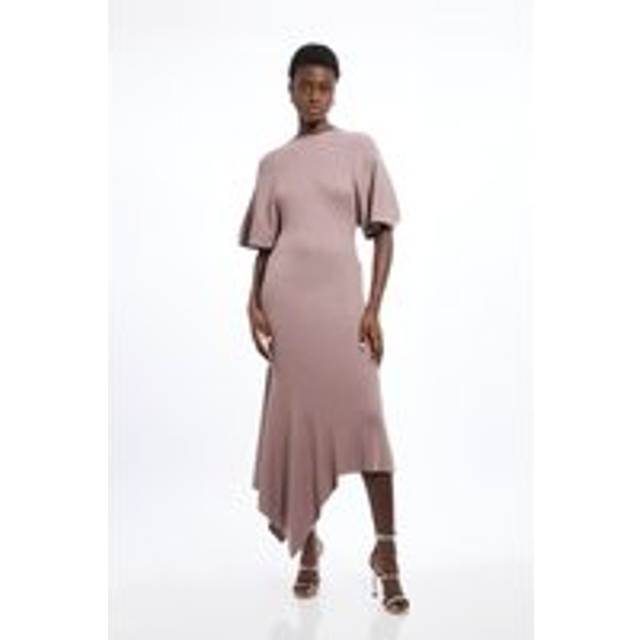 Viscose Blend Angel Sleeve Rib Knitted Midi Dress - Taupe
