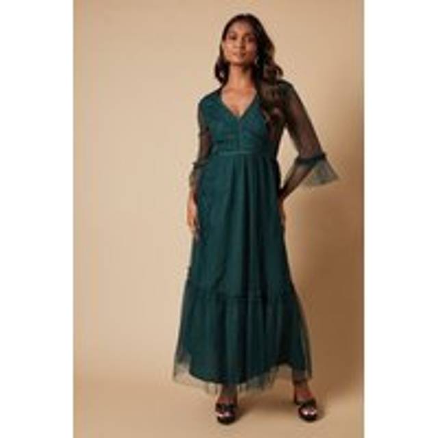 Oasis womens formal dress green embroidered mesh tiered midaxi romantic style