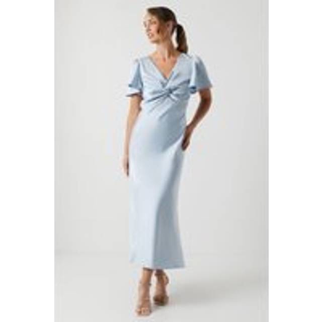 Oasis Womens Satin Twist Front Angel Sleeve Midi Bridesmaids Dress - Light Blue - Size 6 UK