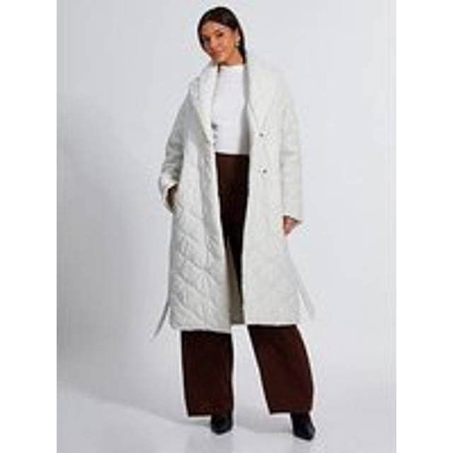 Womens Off White Quilted Long Line Coat - Tan - 12