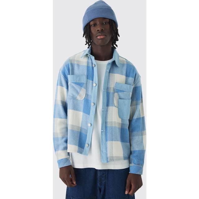 Mens Light Blue Oversized Denim Checked Quilted Overshirt