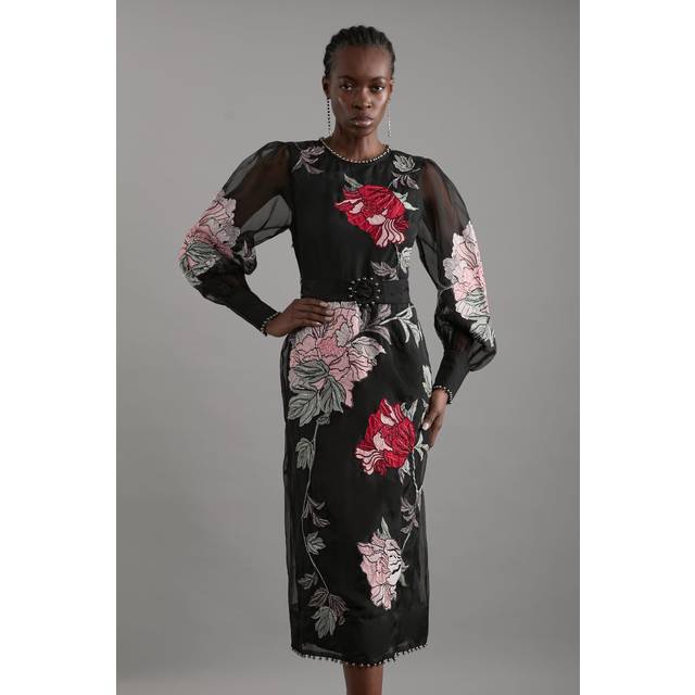 Applique And Embroidered Organdie Woven Midi Dress With Beading - Floral