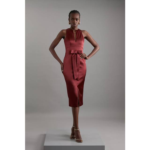 Petite Italian Structured Satin Bow Detail Tailored Maxi Dress - Orange