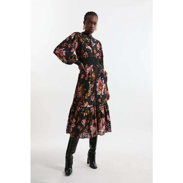 Printed Broderie Woven Midi Dress With Guipure Trim - Floral