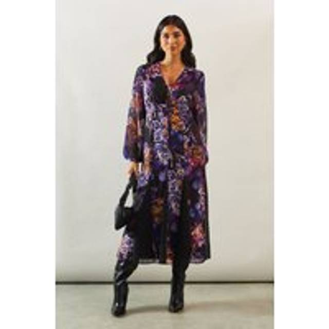 Womens Printed Balloon Sleeve Godet Midi Dress - Black - 8