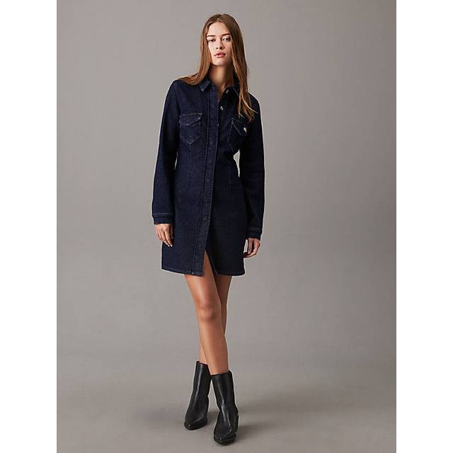 Denim Mini Shirt Dress with Long Sleeves - untreated