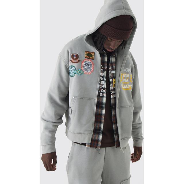 Oversized Applique Distressed Zip Through Brushback Hoodie - Grey - L