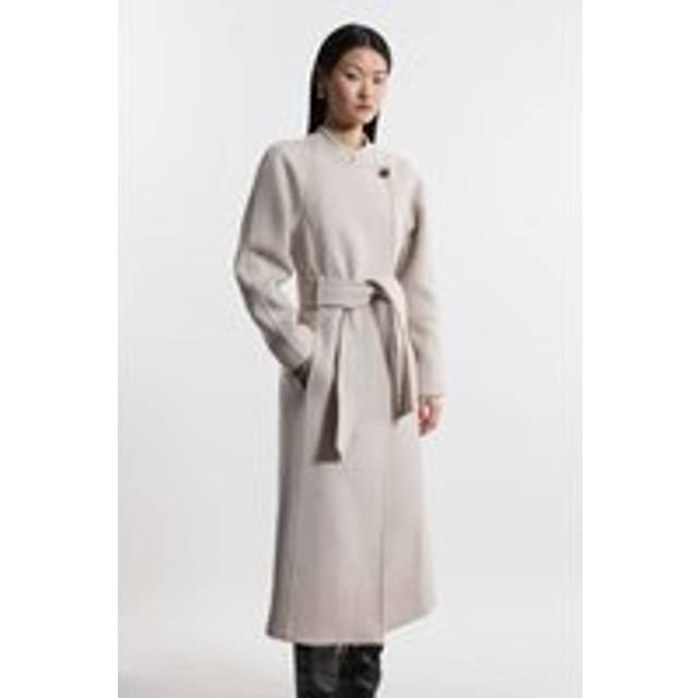 Premium Italian Manteco Wool Collarless Belted Tailored Midaxi Coat - Oatmeal