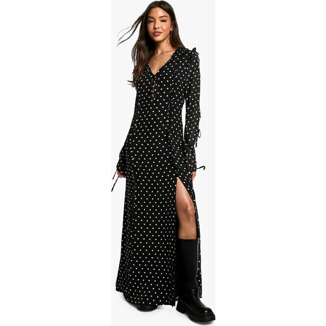 Womens Polka Dot Chiffon Flare Sleeve Maxi Dress - Black - 8