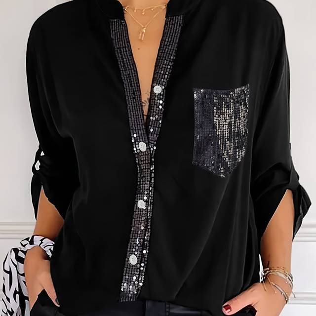 TEMU Women's Casual Loose Fit V-neck Sequin Patch Shirt - Black Long Sleeve Machine Washable Top For All , Versatile Everyday & Special Occasion Wear, Seasonal Fashion, , , Fashion Blouse,