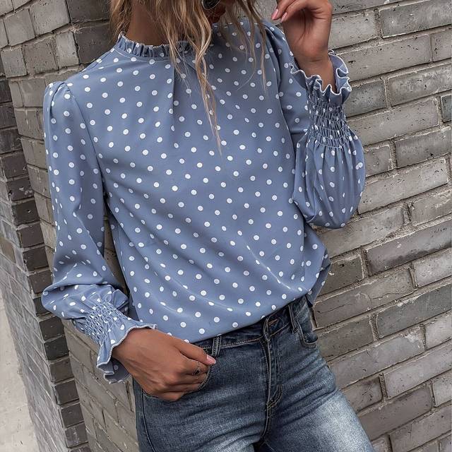 TEMU Women's Elegant Polka Dot Printed Ruffle Sleeve Blouse, Polyester, Small Collar, Long Sleeve, Autumn Fashion Top, Adult, Woven Fabric,