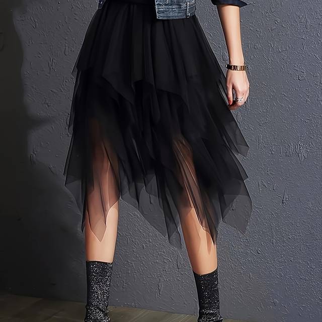 TEMU Elegant High-waist Tulle Skirt - Slimming Layered Design, Machine Washable, Solid Color, All